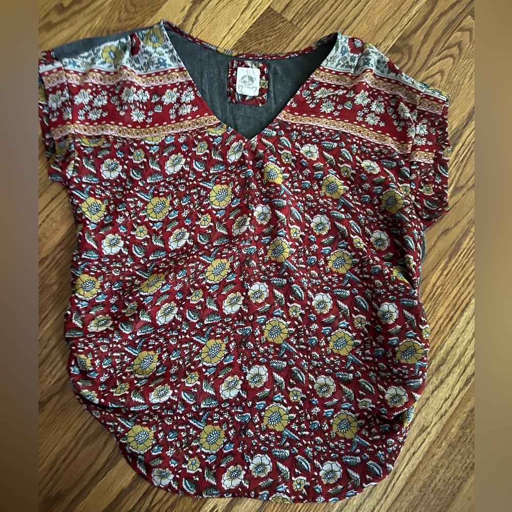 Anthropologie Red Floral V-Neck Tank Top with Yellow Accents